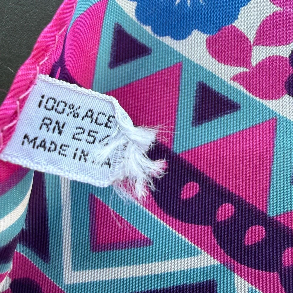 Vintage Floral Geometric Acetate Scarf Pink Purple Blue Made in Japan RN 25459